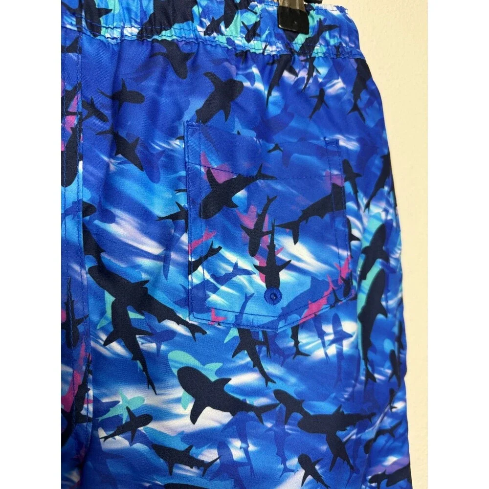 Lands' End Boys Large Cool Sharks Swim Trunks Drawstring Pocket Mesh Lined NWT